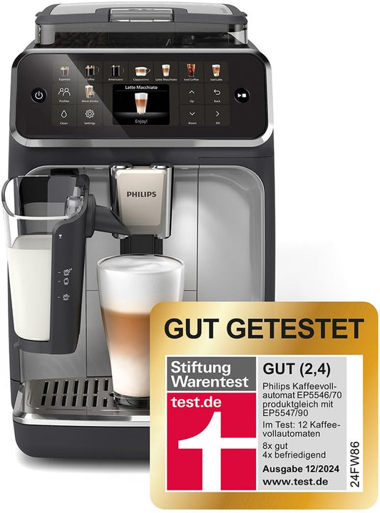 Philips Serie 5500 Kaffeevollautomat (EP5546/70) – LatteGo Milchsystem, 20 heiße und kalte Kaffeespezialitäten, 40% leiser mit SilentBrew, QuickStart, Schwarz und Silber